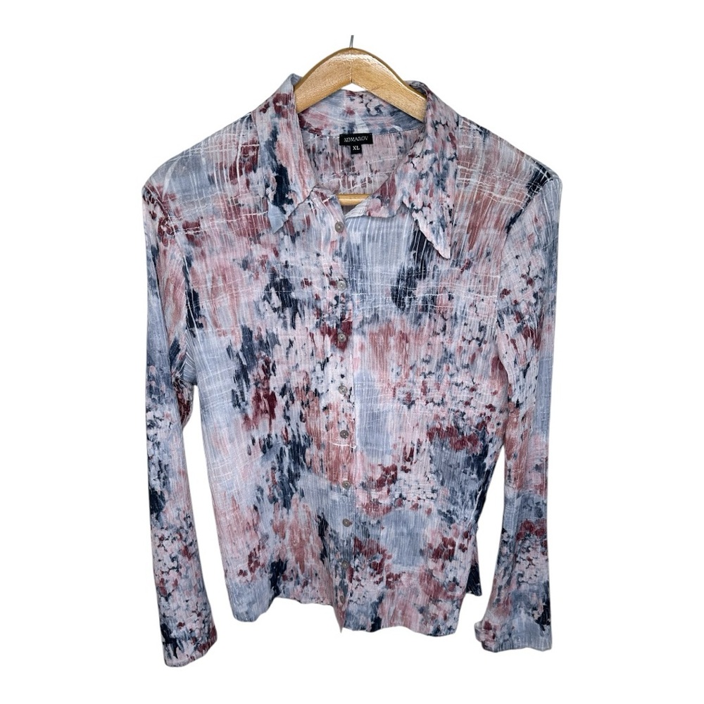 Komarov Crinkle Blouse Button Up Size XL Pink Blue Gauzy Watercolor Abstract